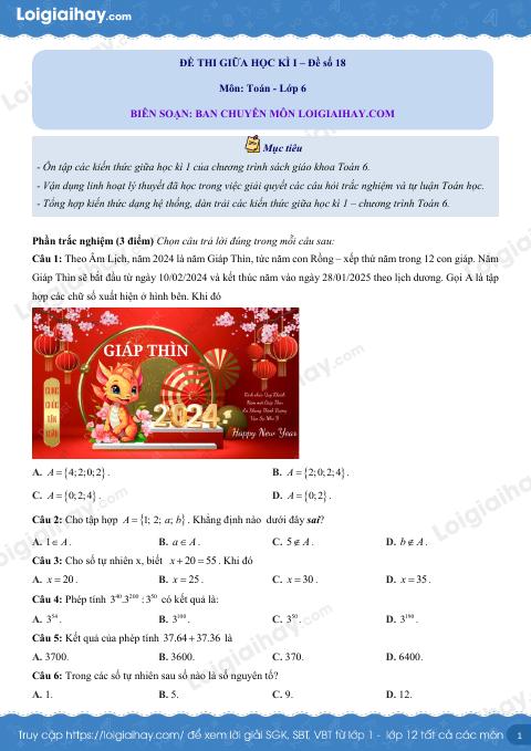 Đề thi giữa kì 1 Toán 6 - Đề số 18